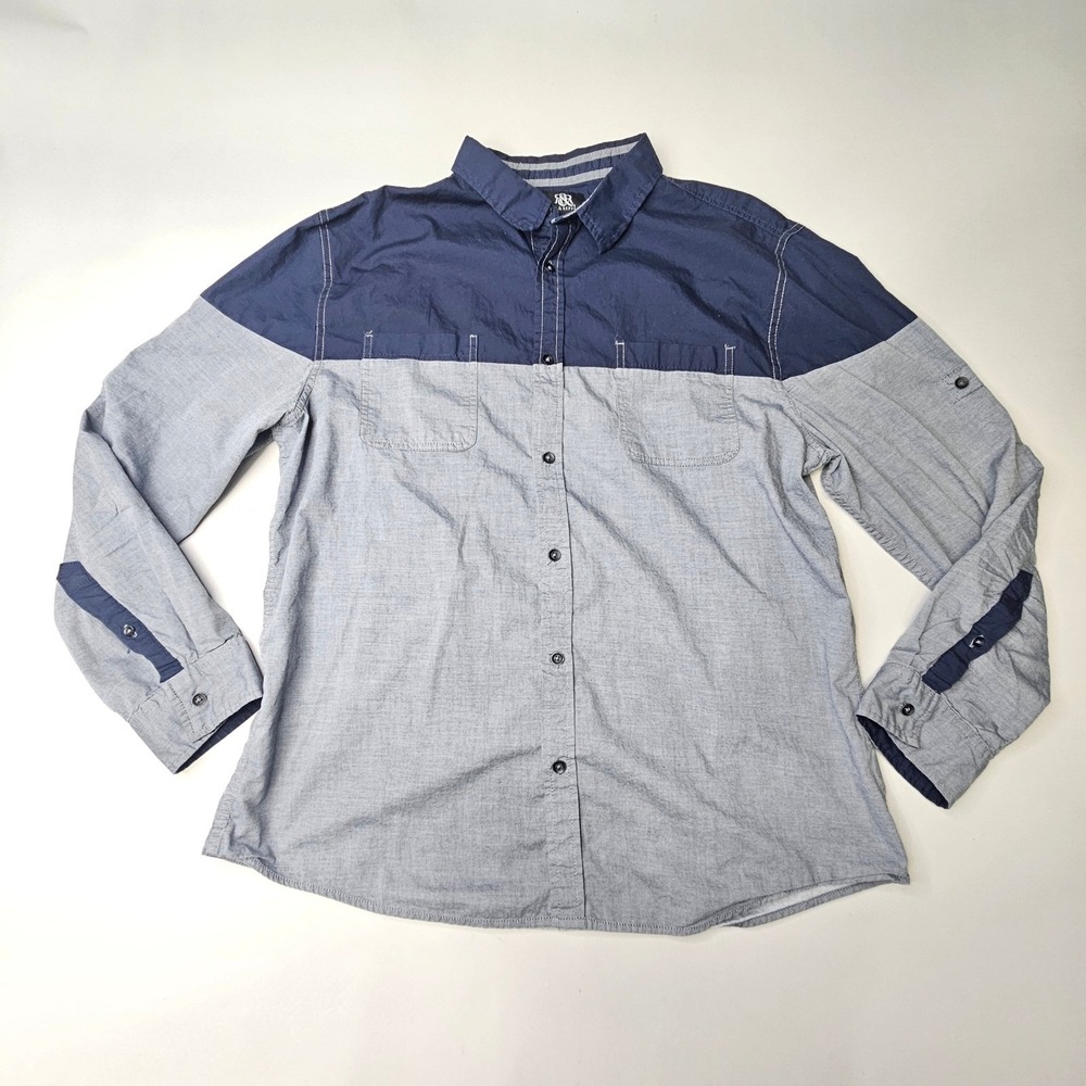 Rock & Republic Button Down Shirt Mens XXL Blue Grey Good Colorblock Long Sleeve